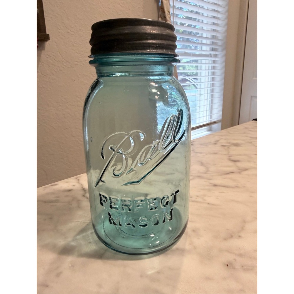 Vintage Ball Perfect Mason Aqua Blue Quart Canning Jar w/ Original Zinc Lid